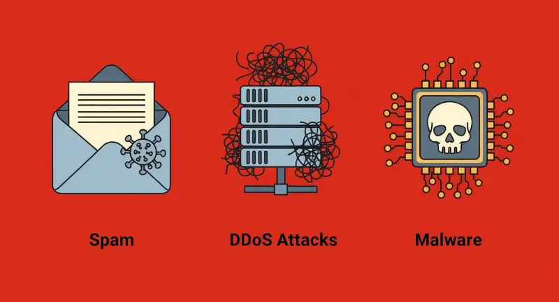I principali rischi: spam, DDoS e diffusione malware